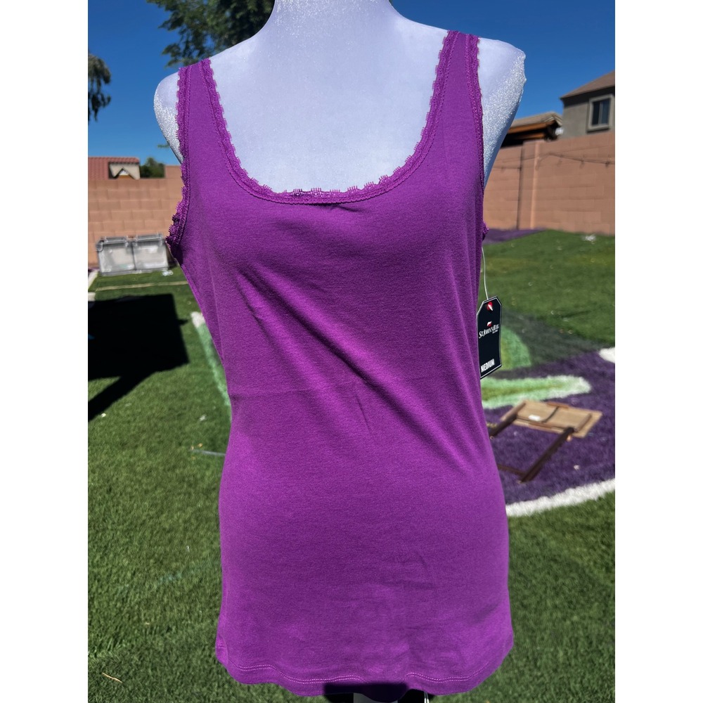 St Johns Bay Womens Purple Cotton Lace Trim Scoop Neck Tank Top Medium NWT